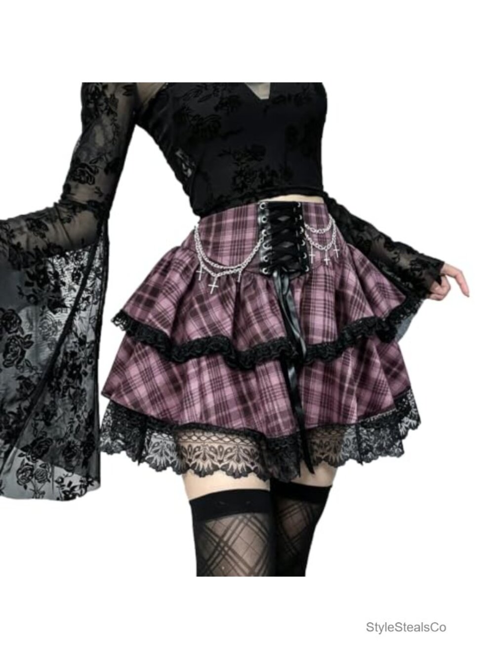 Gothic Mini Skirt High Waist Lace Up Ruffle A-Line Night Out